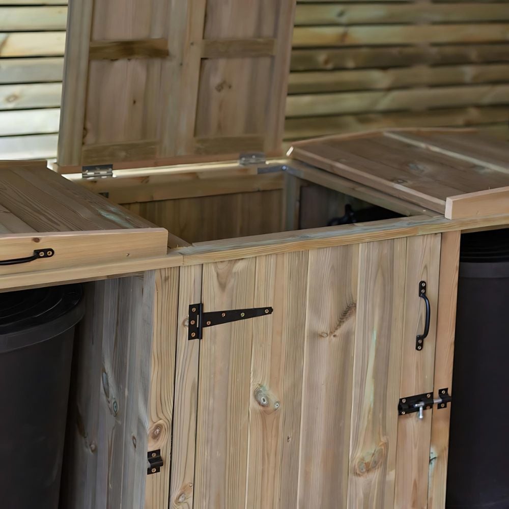 centred bin storage with 1 lid open showing top access