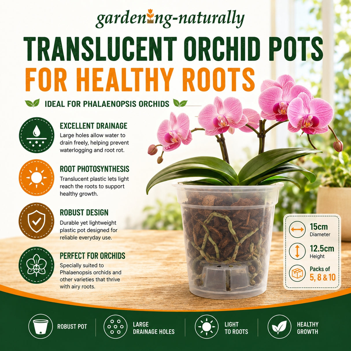 Translucent orchid pot with pink orchids on a wooden surface, featuring product details and benefits.
