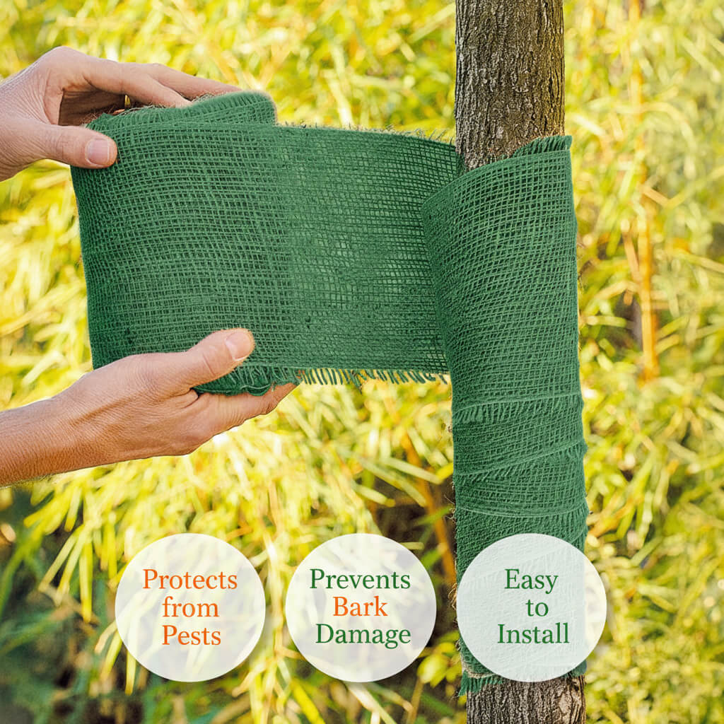 Person wrapping a green tree gauze around a tree trunk with text indicating benefits.