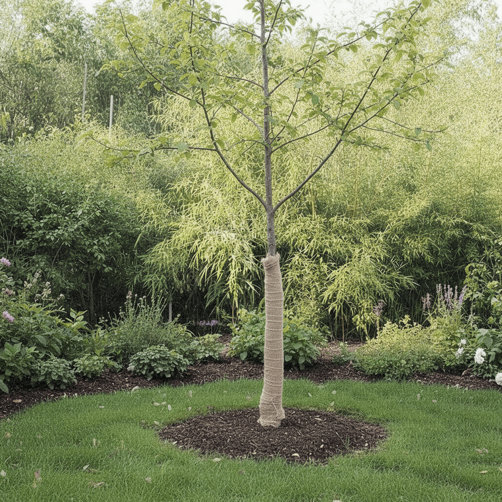 Young tree with jute netting around trunk