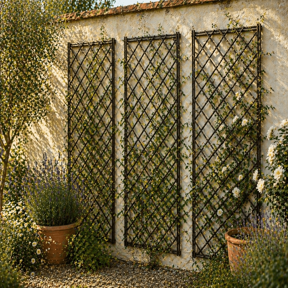 Wooden rellises on a garden wall with plants and pots and plants growing
