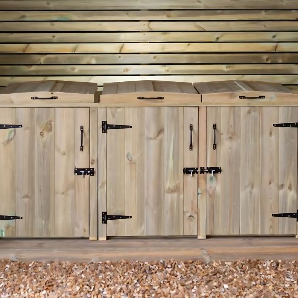rustic triple doored bin storage on decking