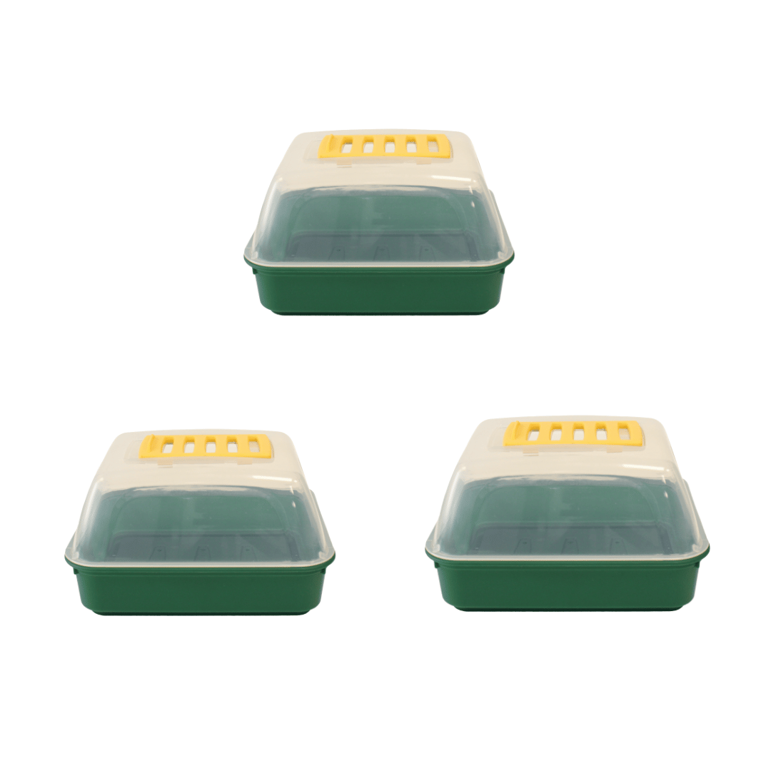 Pack of 3 green propagator with clear lid and vent on top on white background