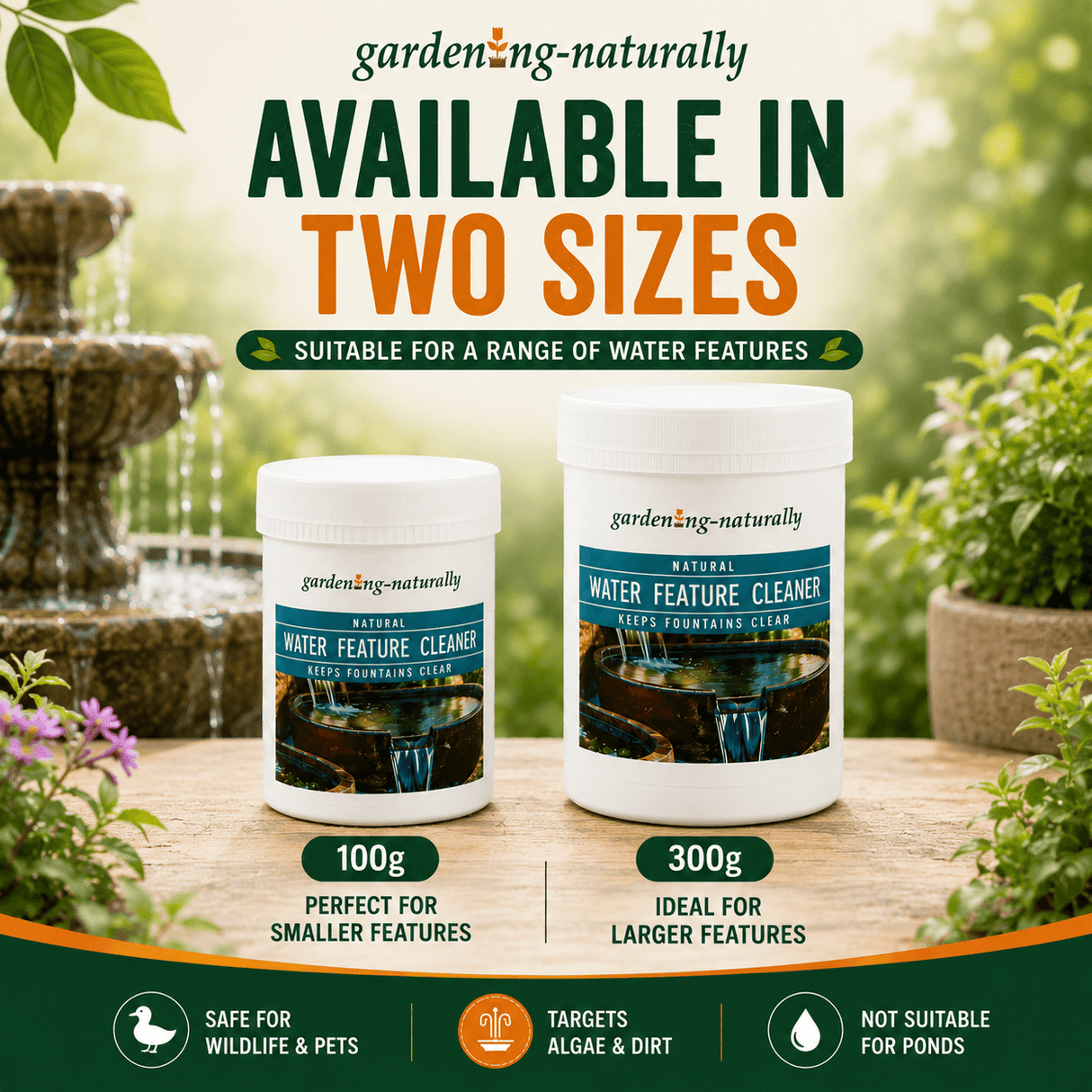 Two containers of gardening-naturally water feature cleaner with a garden background.