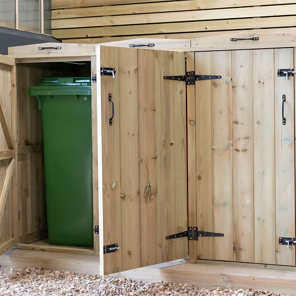 wheelie bins inside the wooden shed storage