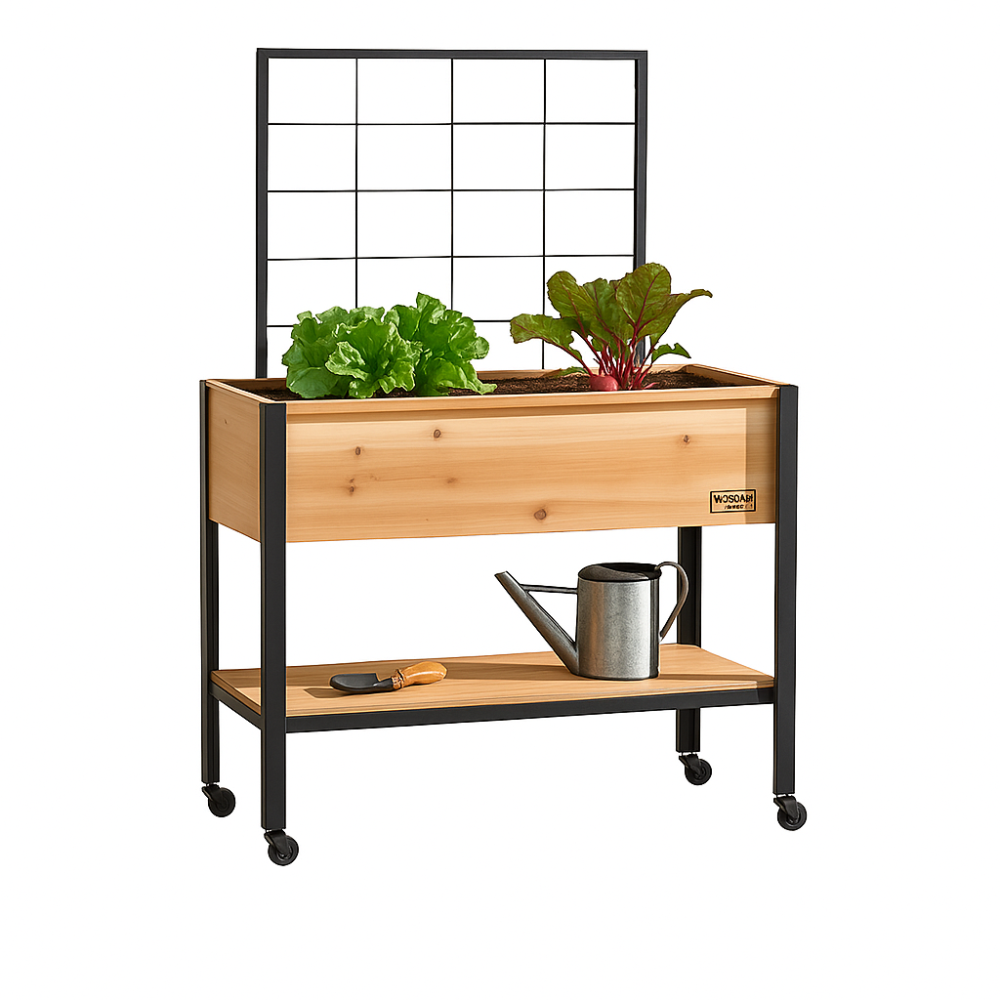 Wooden planter with metal grid top and rolling wheels, containing plants and a watering can on a white background.