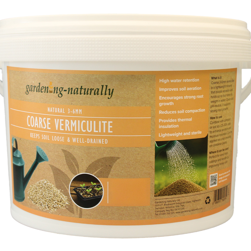 Bucket of garden vermiculite with a label on a white background