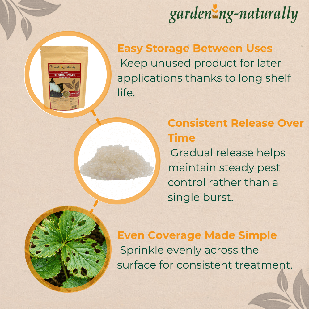 Product packaging with text on a beige background, featuring gardening-themed graphics.