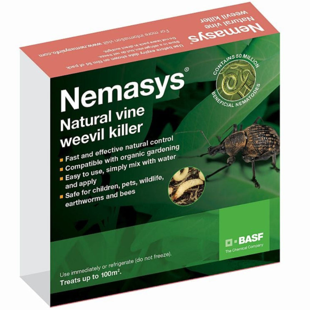 Box of Nemasys natural vine weevil killer containing live nematodes for controlling vine weevil larvae in gardens.