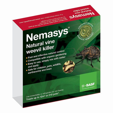 Box of Nemasys natural vine weevil killer featuring product information and an image of a vine weevil.