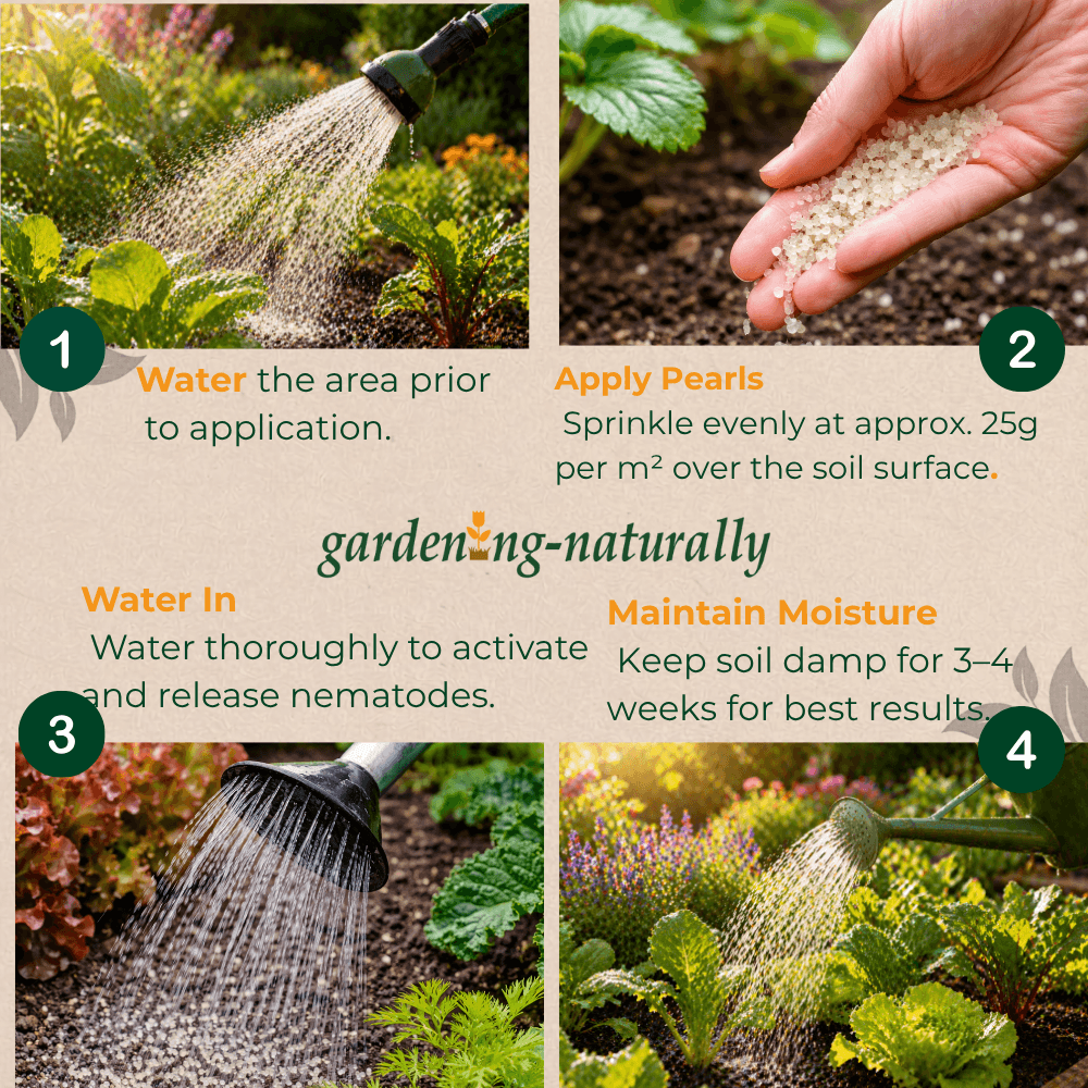 Step-by-step guide for gardening naturally with images of watering plants and applying seeds.