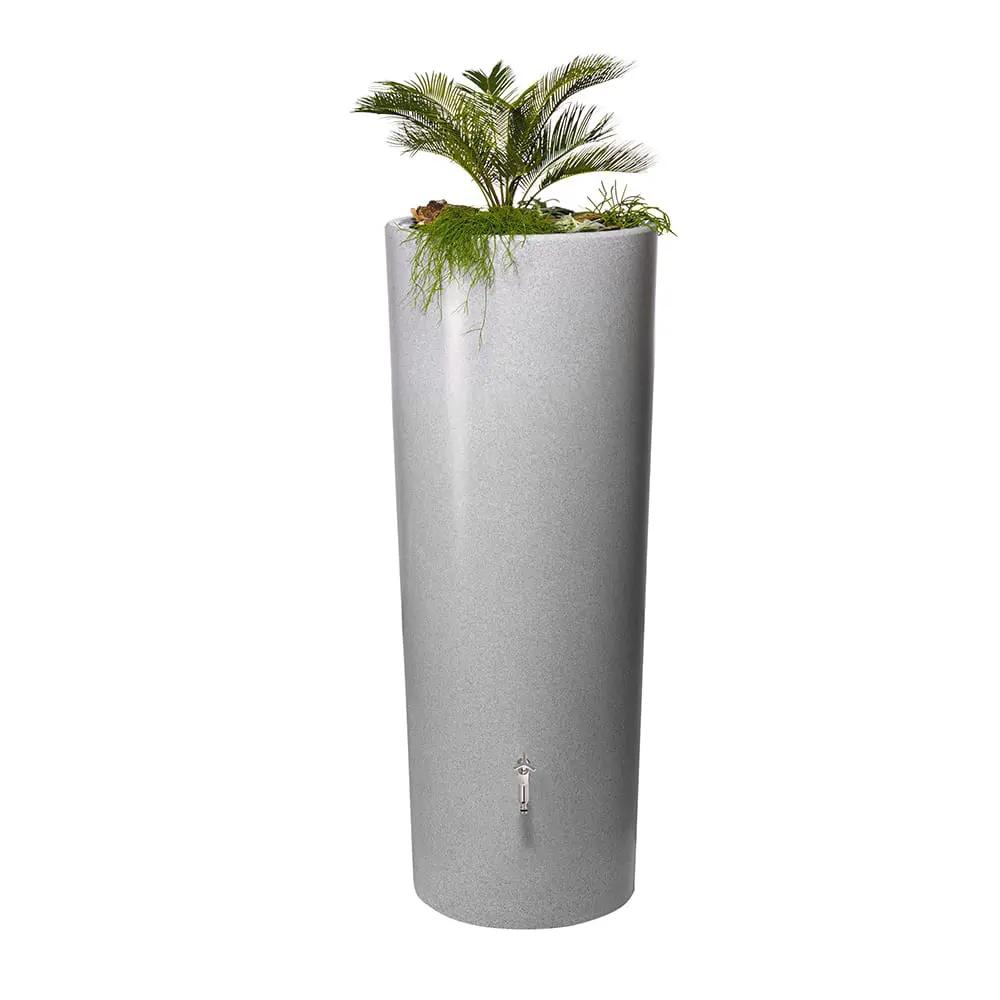 A tall, cylindrical black or grey stone water butt with a green plant on top.