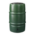 A green barrel-shaped water butt made from recycled plastic, with a lockable lid and a tap.