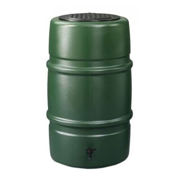 A green barrel-shaped water butt made from recycled plastic, with a lockable lid and a tap.