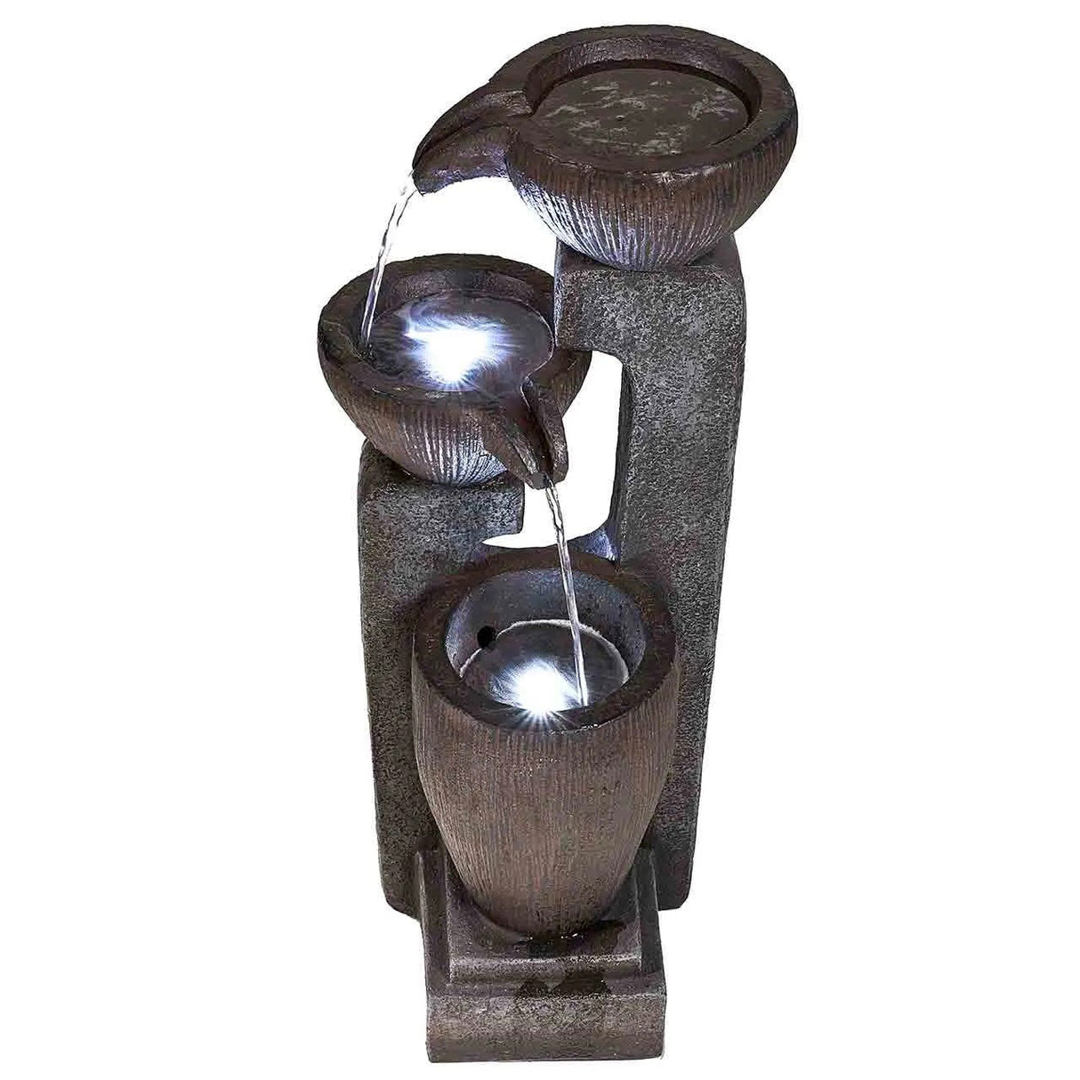 A rustic, three-tiered solar-powered water feature