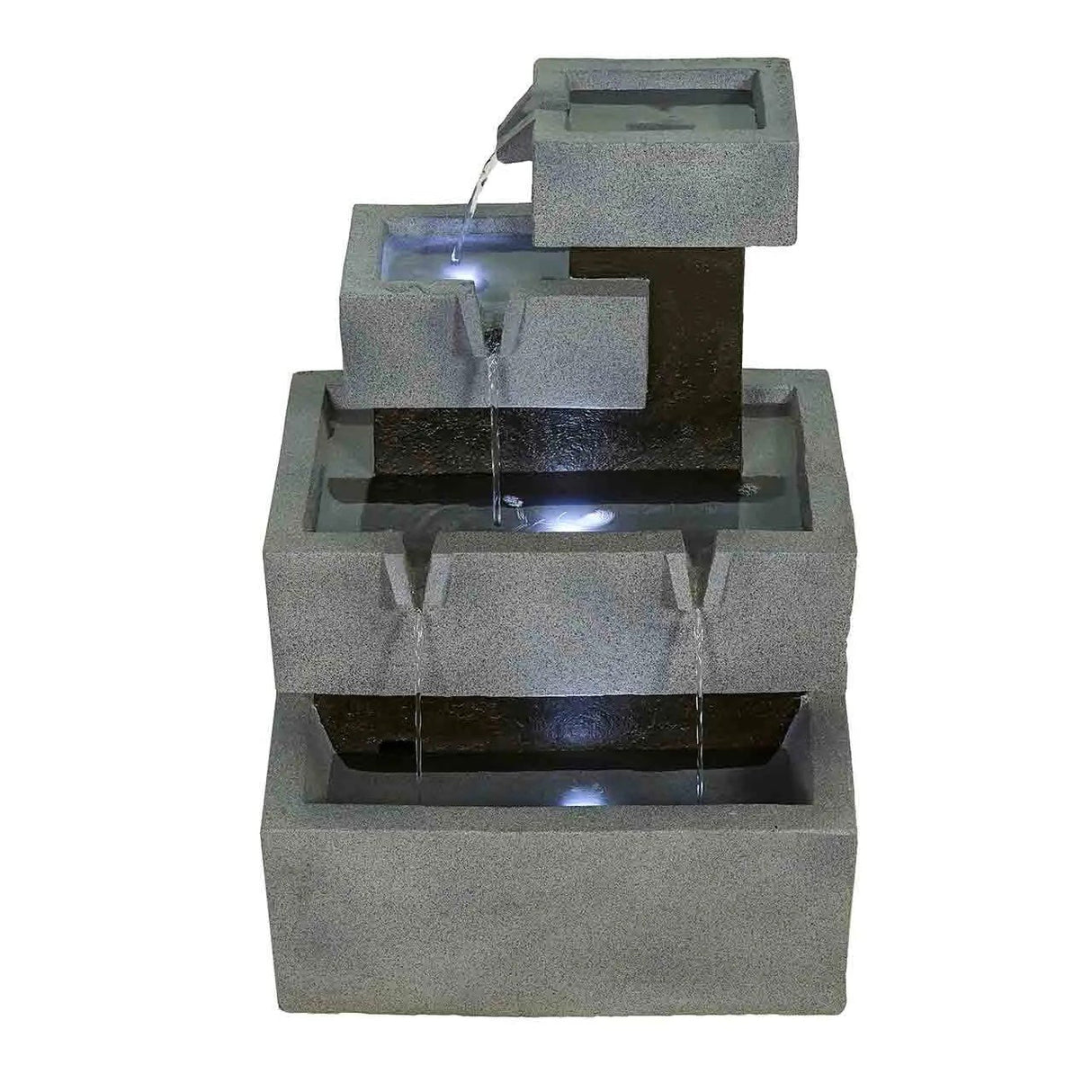 A tiered stone water feature with LED lights, made from a stone/resin mix, with water flowing through each tier.