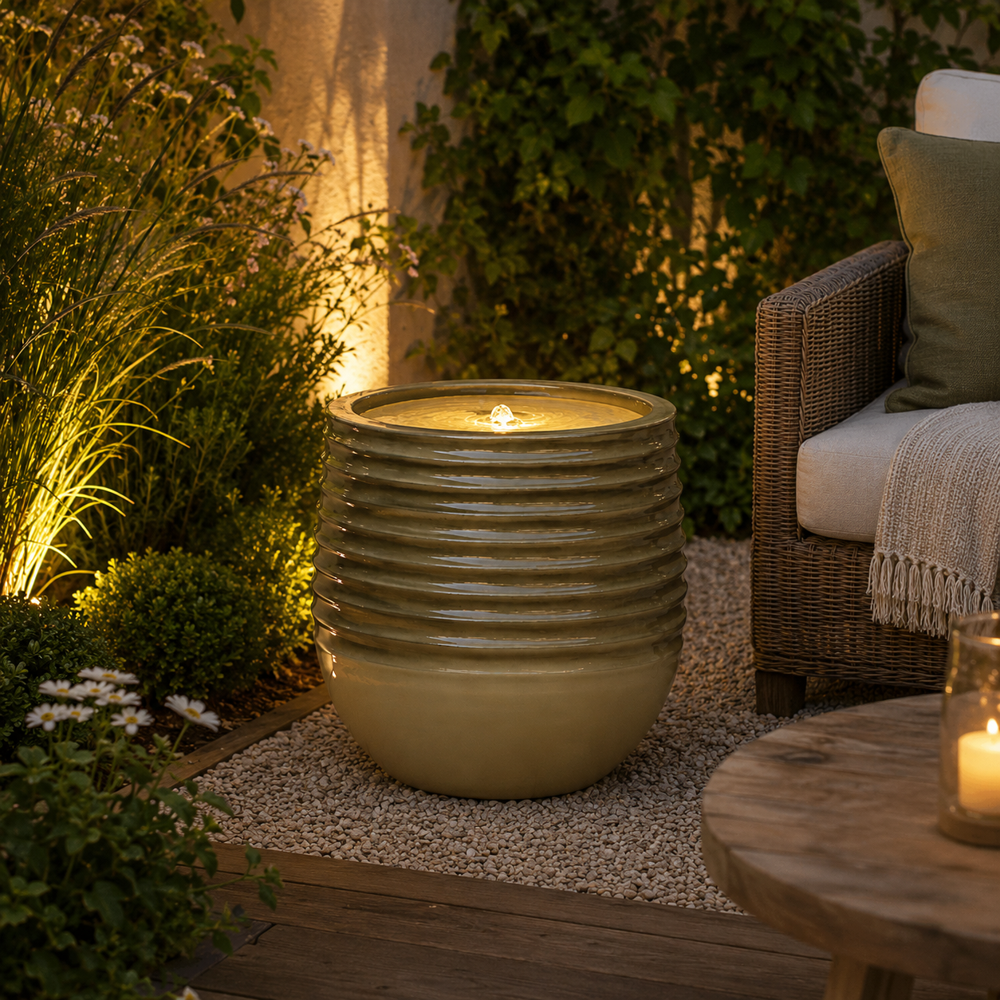 Decorative outdoor water feature with a chair and table in a garden setting