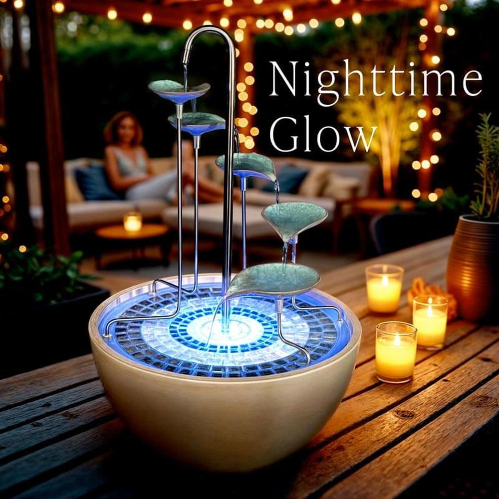 Decorative water fountain with LED lights at night