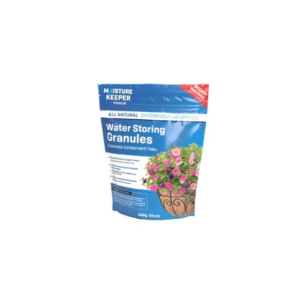A pouch of Water Storing Granules designed for gardening, indicating that they retain moisture and are suitable for plant use.