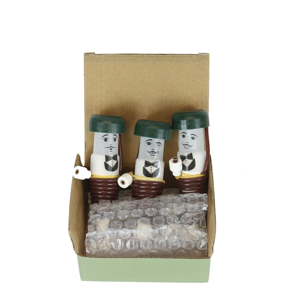 3 Little waterers for plants have faces and dicky bows