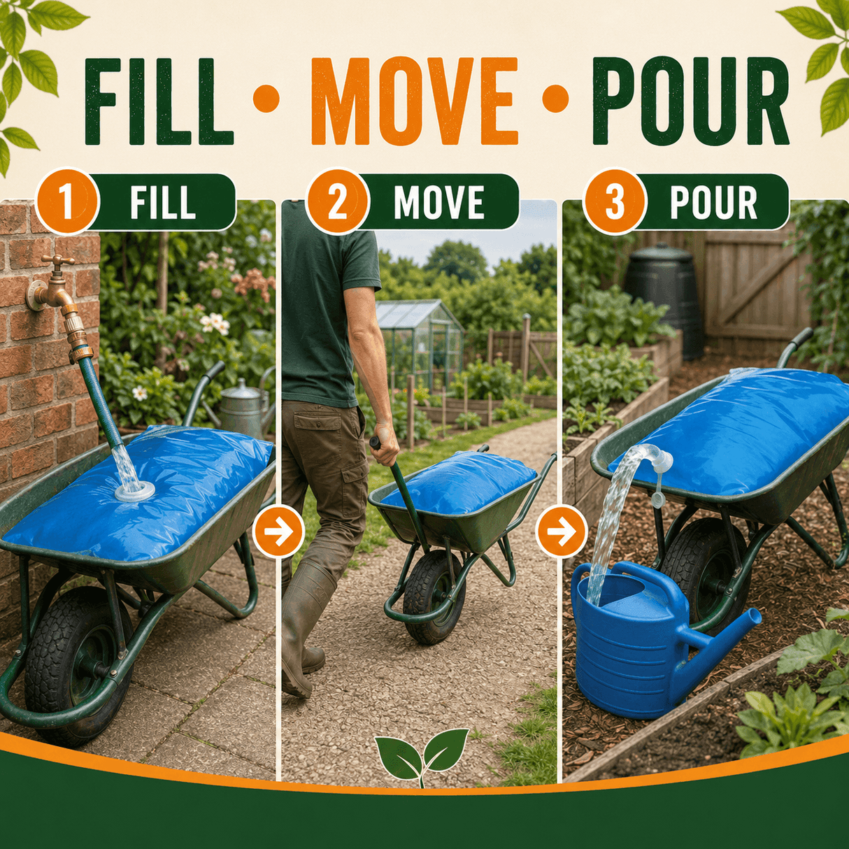 A three-panel instructional graphic titled 'FILL • MOVE • POUR' showing a blue wheelbarrow being used outdoors: first to fill with water from a hose, second to be pushed across a garden path, and third to receive water from a blue watering can. Large text and arrows explain the steps.