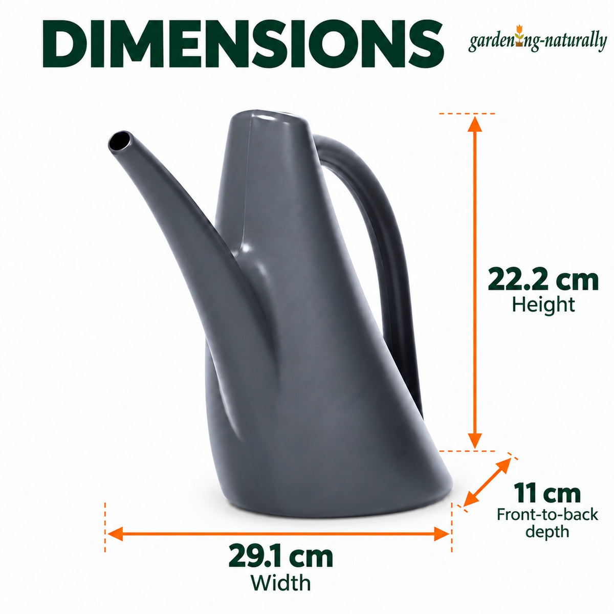 A dark gray watering can with overlaid dimension labels showing height of 22.2 cm, width of 29.
