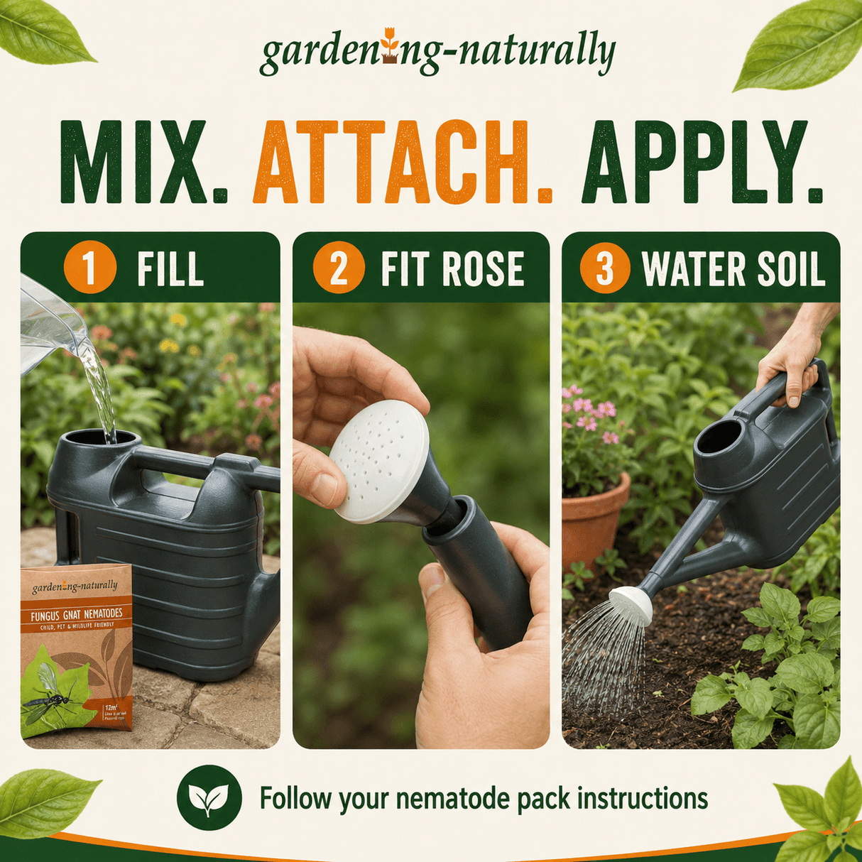 Promotional graphic for gardening-naturally nematode feed and waterer, showing three steps: fill the black watering can, attach the white rose nozzle, and water soil. The brand name 'gardening-naturally' is visible at the top and on the product box in the first panel.