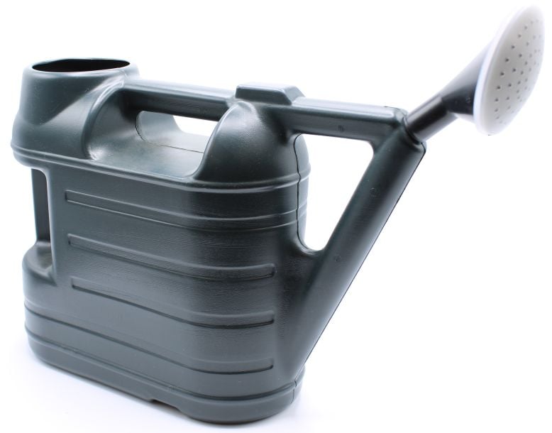 A green watering can made from recycled materials, designed for nematode application with a coarse rose head.