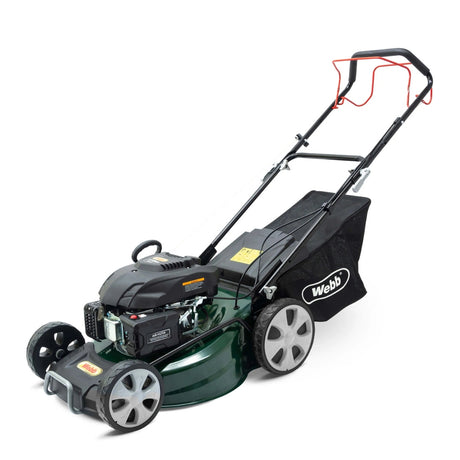 A green and black petrol lawn mower with a metal rotary blade and a collection bag, featuring a Webb brand label.