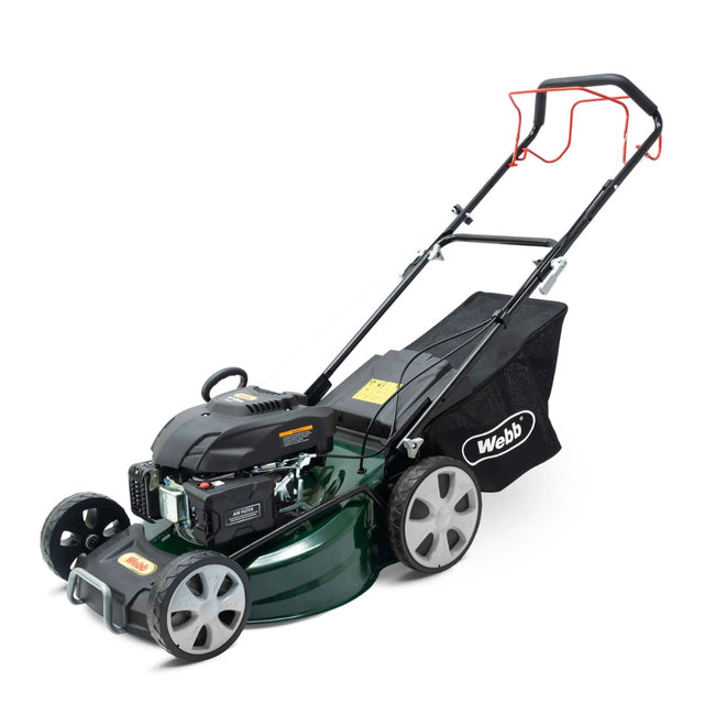 A green and black petrol lawn mower with a metal rotary blade and a collection bag, featuring a Webb brand label.