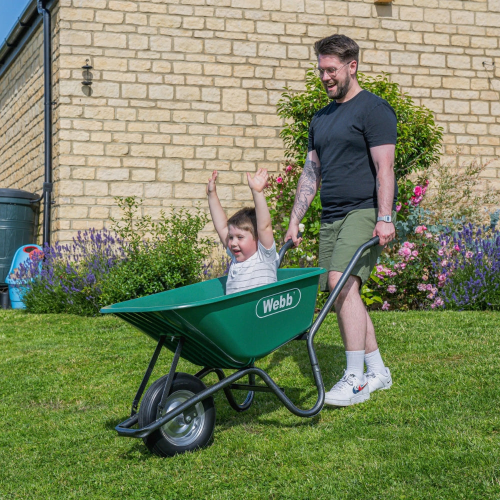 strong sturdy green garden wheelbarrow
