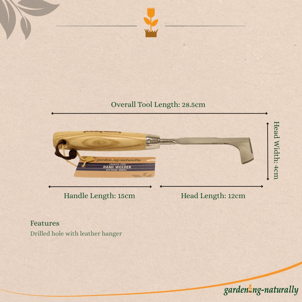 Measurement chart of a gardening tool with dimensions and features on a beige background.