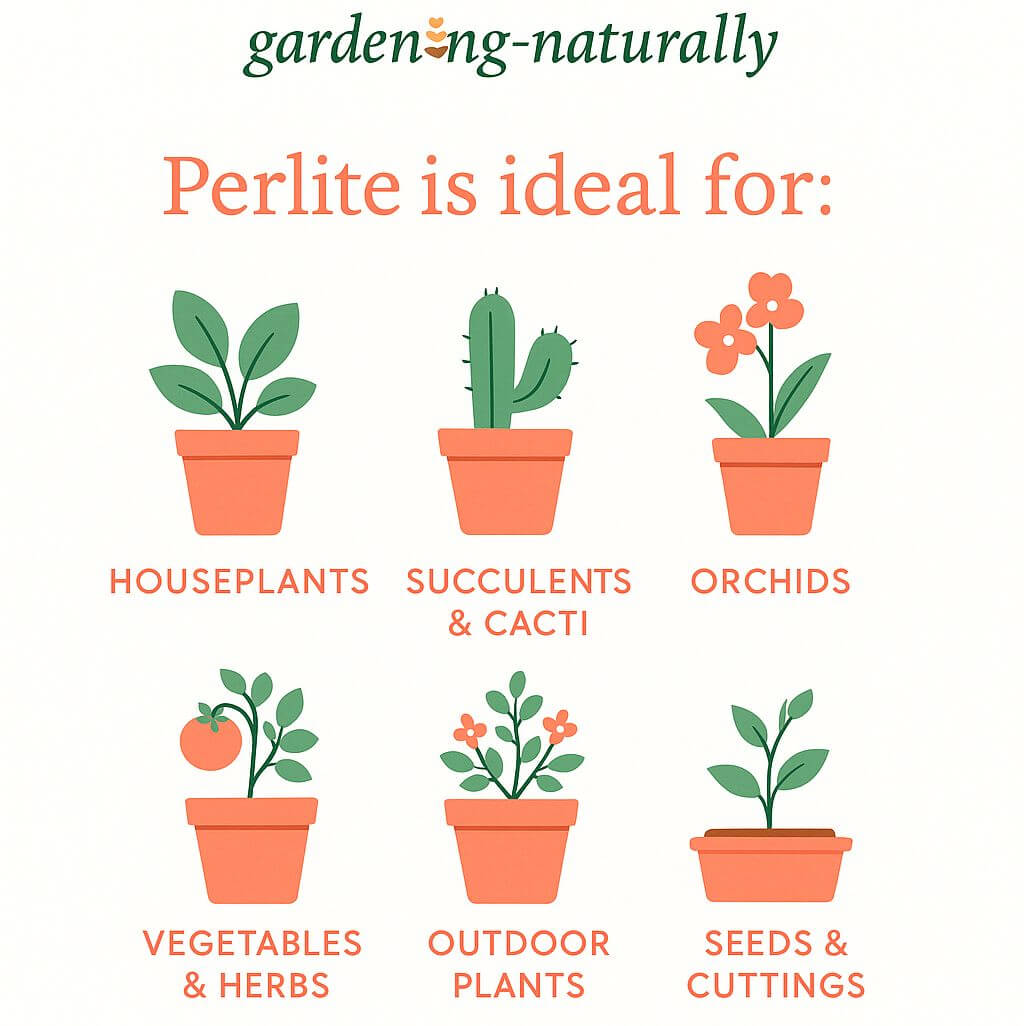 Illustration showing the uses of perlite for various plants with 'gardening-naturally' branding.