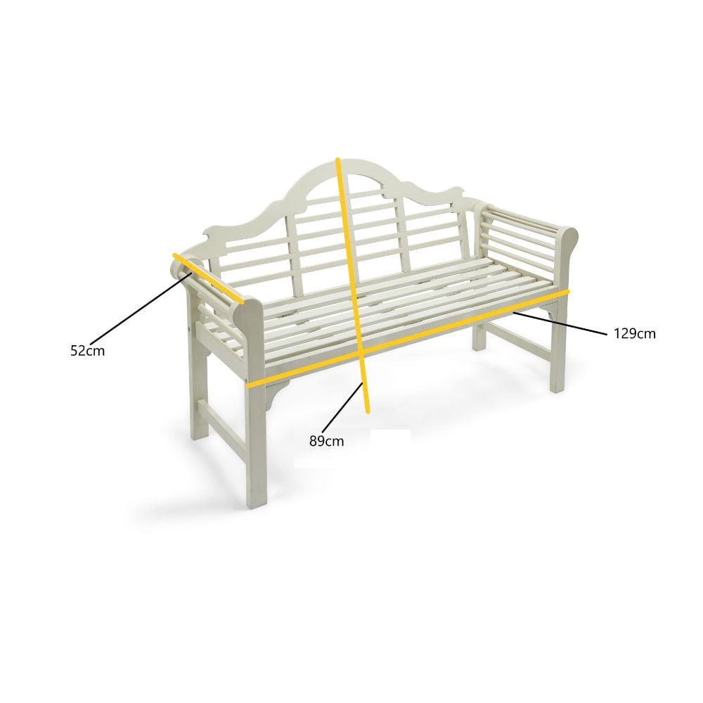 white lutyens garden bench summer furniture on white background with dimensions
