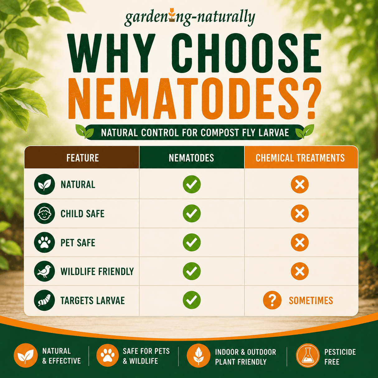 Comparison chart between nematodes and chemical treatments for compost fly larvae control, with a natural gardening theme.