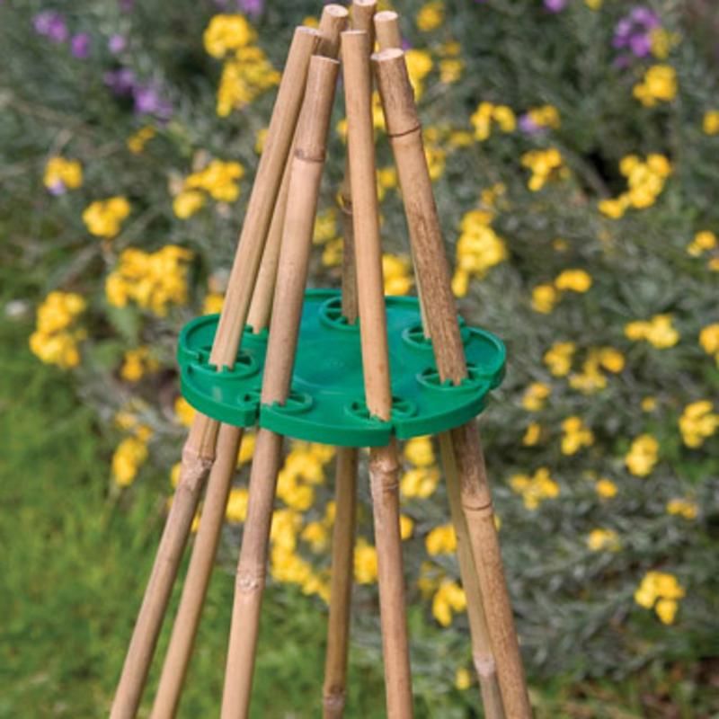 A green wigwam cane grip with multiple canes inserted and secured for supporting climbing plants, set against a blurred background of flowers.