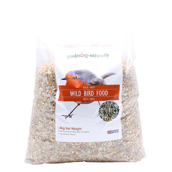 A 4kg bag of 'Gardening Naturally' brand wild bird food, with an image of a bird on the front and text highlighting the mess-free aspect of the product.