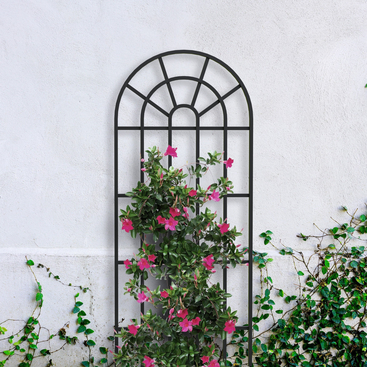 windowpane garden trellis plant support with pink flowers