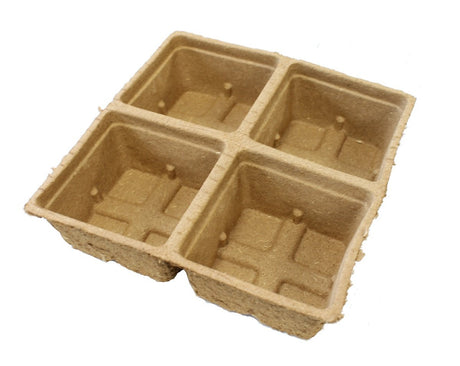 A pack of square wood fibre pots contained in a tray, designed for biodegradable planting.