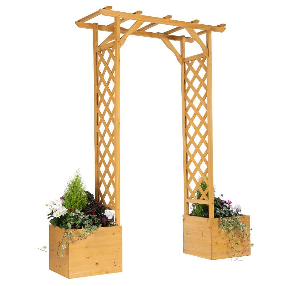over walkway and planters contain flowers