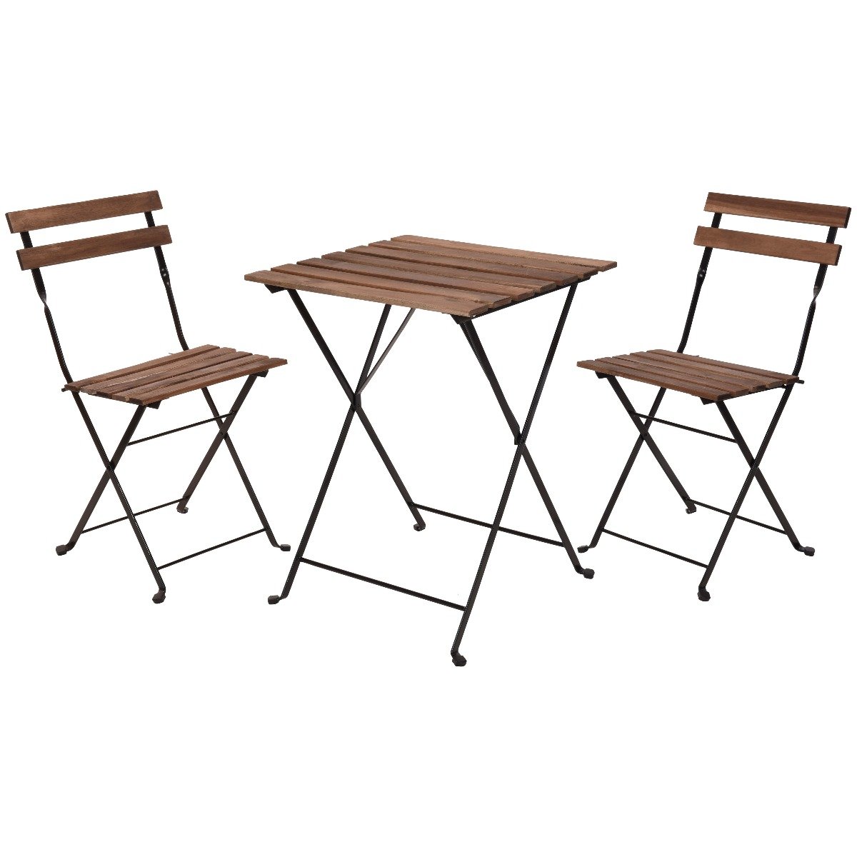 A wooden top bistro set consisting of a square table and two folding chairs with brown frames on a white background.