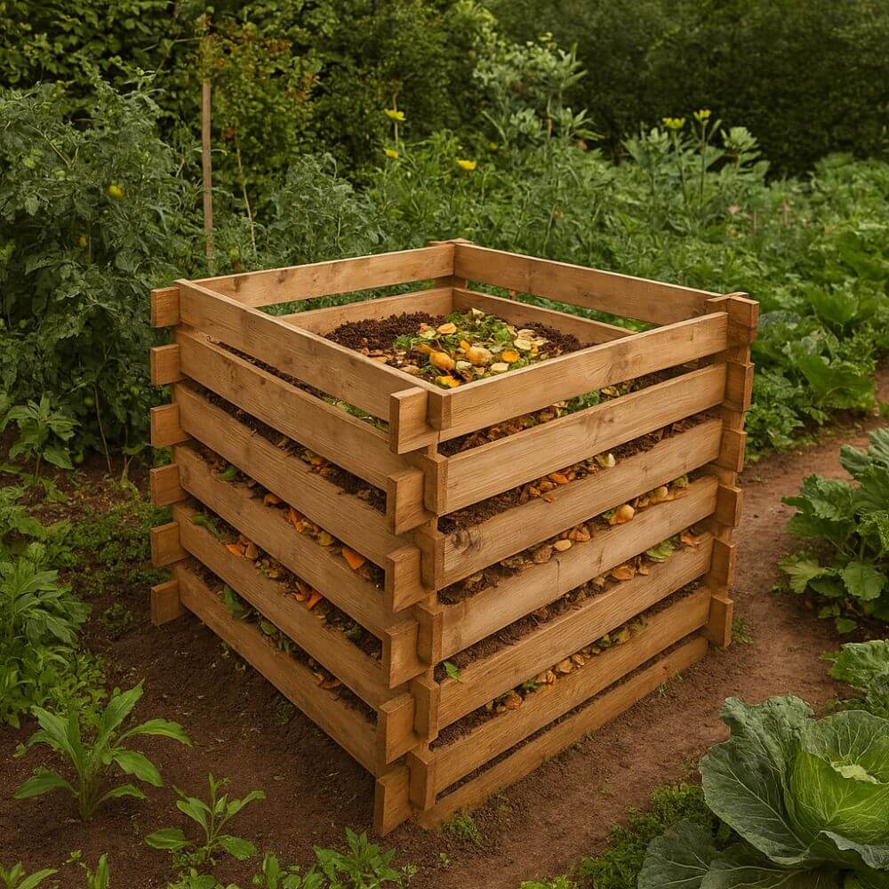 Wooden compost bin filled with organic material in a garden setting
