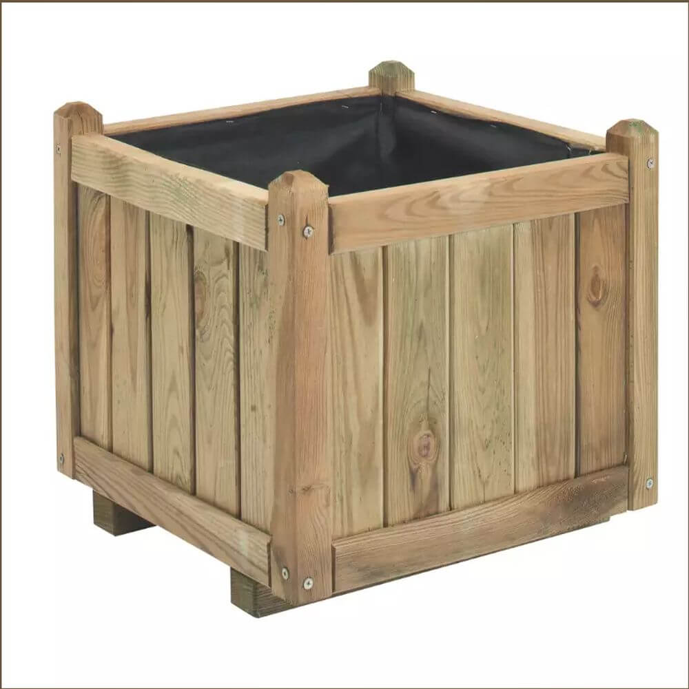Wooden planter box with a black liner on a white background