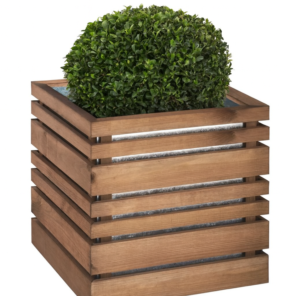 wooden planter cube with green tree in
