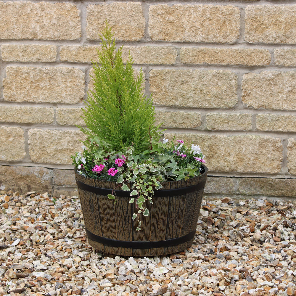 wooden barrel effect planter deep yellow