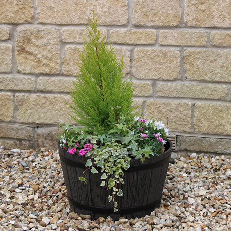 wooden barrel effect planter light grey