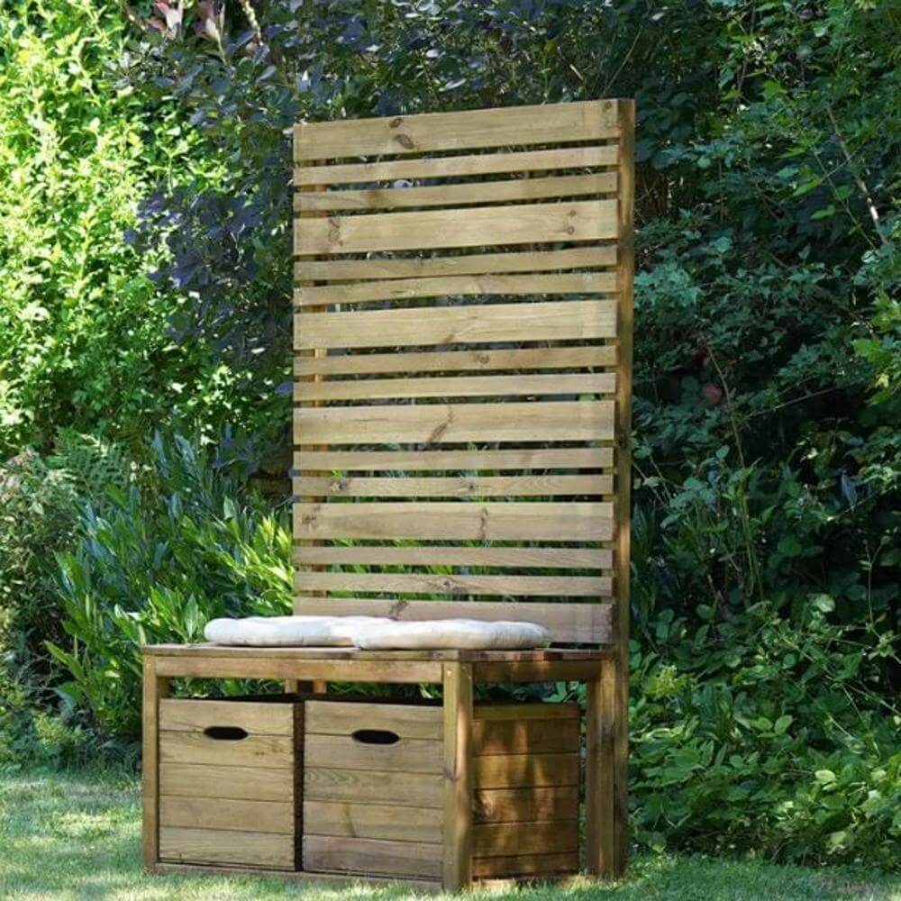 wooden storage bench on grass