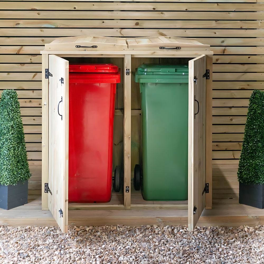 Double Wheelie Bin Storage with open doors and wheelie bins inside
