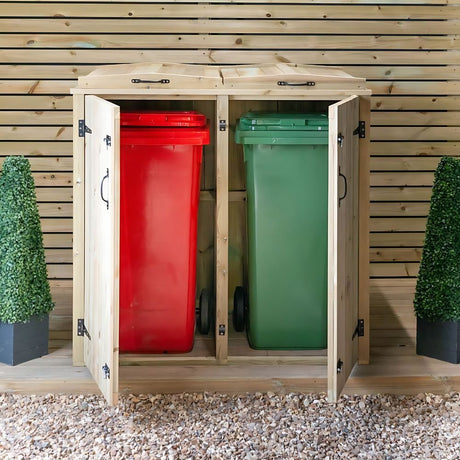 Double Wheelie Bin Storage with open doors and wheelie bins inside