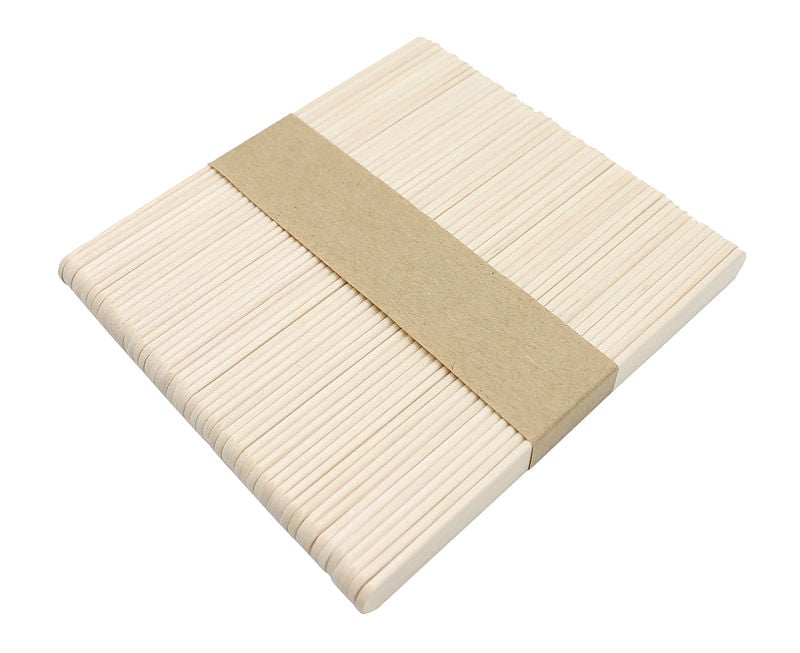 wooden plant labels on white background, banded with brown paper